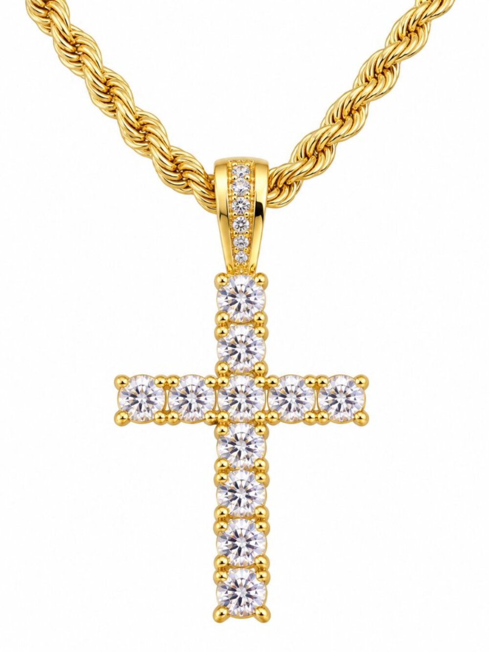 Tennis Style CZ Cross Pendant Necklace 24" Rope Chain Gold Silver Men Women - Picture 1 of 6